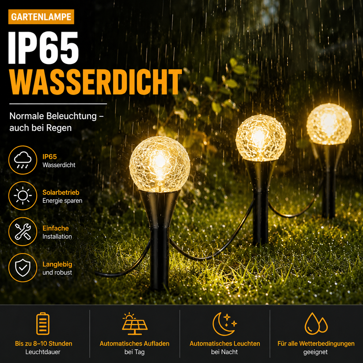 IP65 wasserdichte Solar-Gartenlichter leuchten zuverlässig bei Regen, Schnee und Feuchtigkeit und eignen sich ideal für den ganzjährigen Einsatz im Garten.

