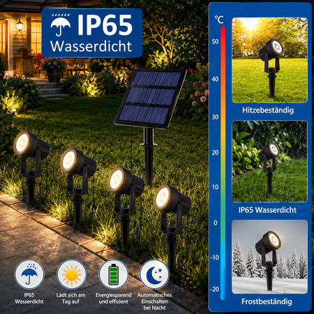 IP65 wasserdichte Solar-Gartenstrahler sind hitze-, regen- und frostbeständig für den ganzjährigen Außeneinsatz.
