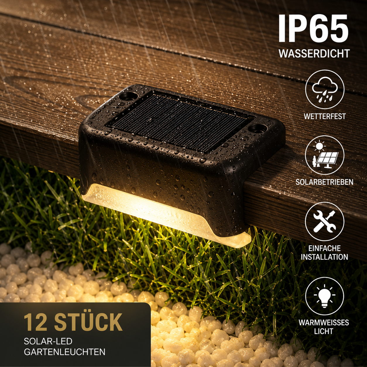 IP65 wasserdichte Solar LED-Zaunleuchte für Garten, Terrasse und Außenbereich.
