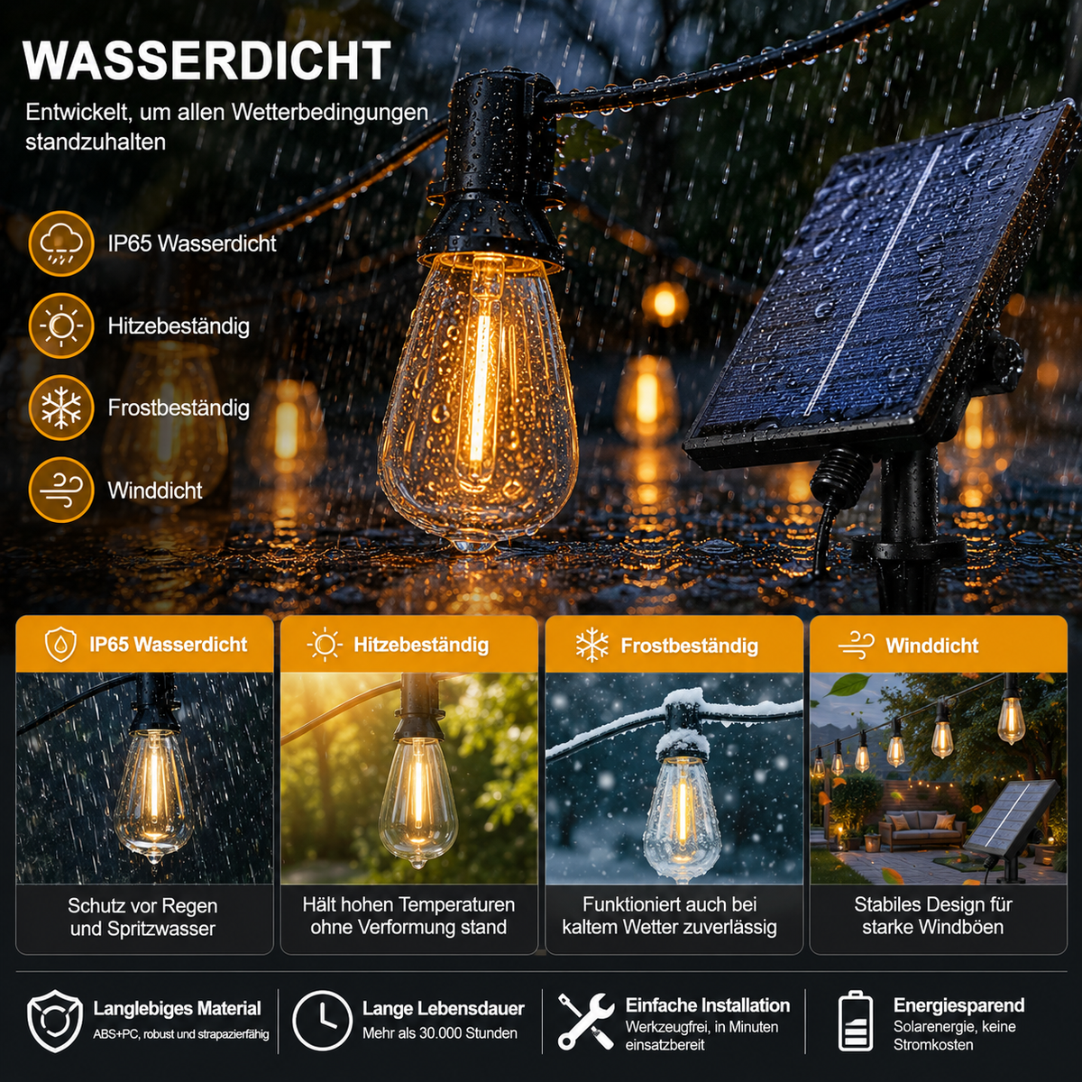 IP65 wasserdichte Solar Lichterkette mit hitze-, frost- und windbeständigem Design für den ganzjährigen Außeneinsatz.
