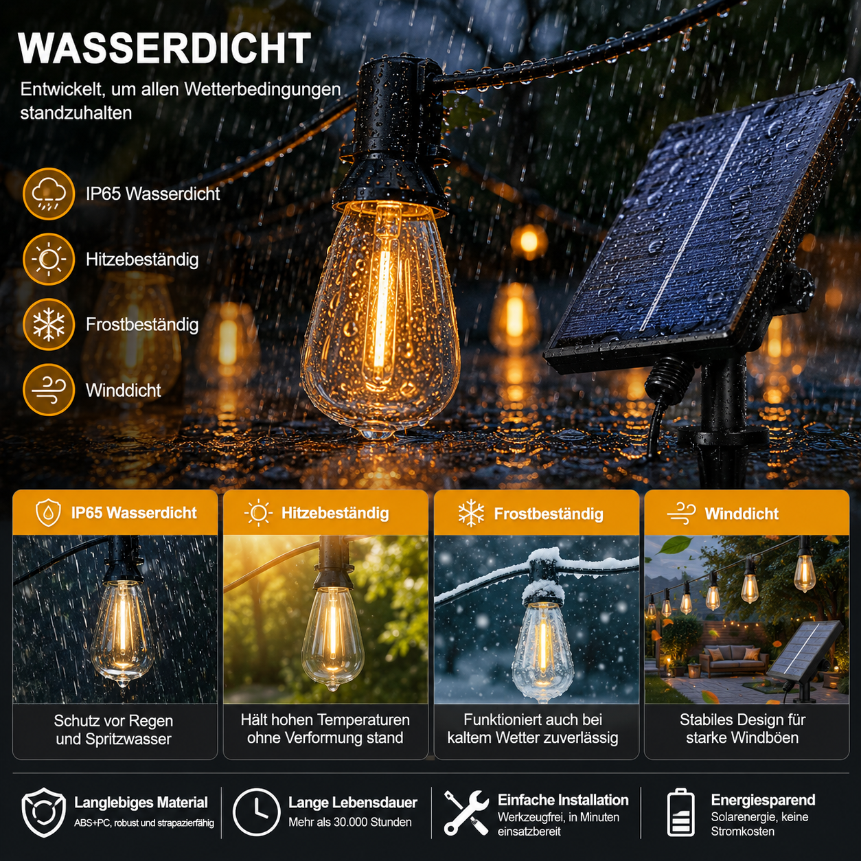 IP65 wasserdichte Solar Lichterkette mit hitze-, frost- und windbeständigem Design für den ganzjährigen Außeneinsatz.

