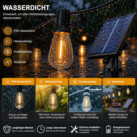 IP65 wasserdichte Solar Lichterkette mit hitze-, frost- und windbeständigem Design für den ganzjährigen Außeneinsatz.
