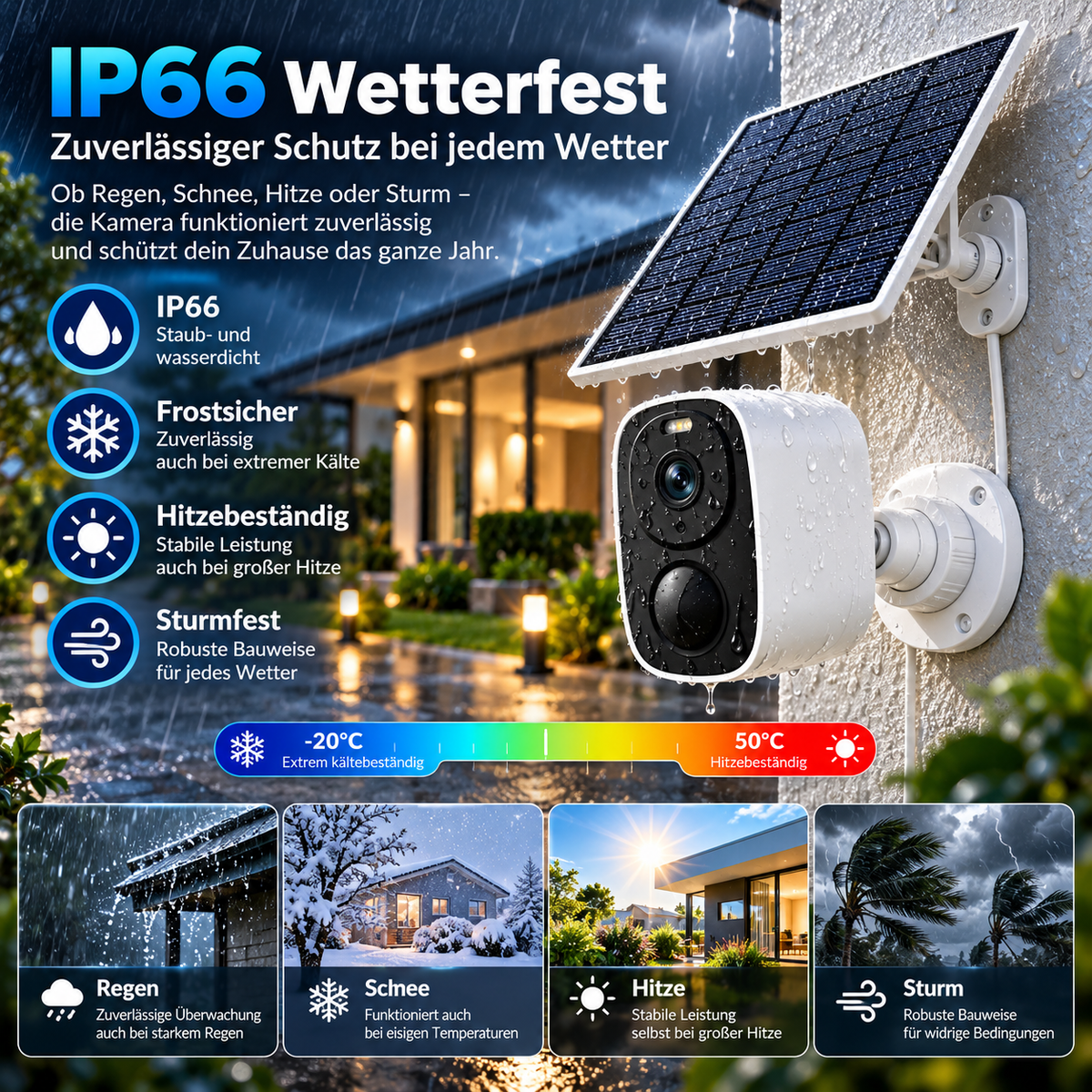 Wetterfeste Solar Überwachungskamera IP66 bei Regen, Schnee, Hitze und Sturm