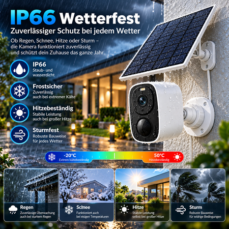 Wetterfeste Solar Überwachungskamera IP66 bei Regen, Schnee, Hitze und Sturm