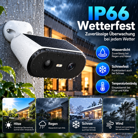 Wetterfeste Solar Überwachungskamera IP66 bei Regen, Schnee, Hitze und Wind