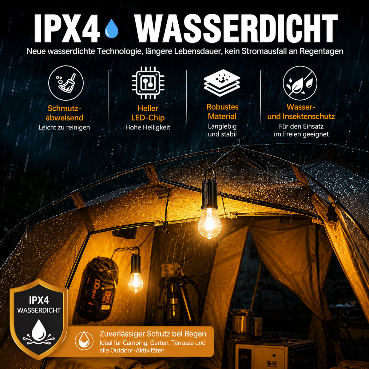 IPX4 wasserdichte Solar LED Hängelampe im Einsatz bei Regen – robuste Outdoor-Leuchte für Camping, Garten und Terrasse.