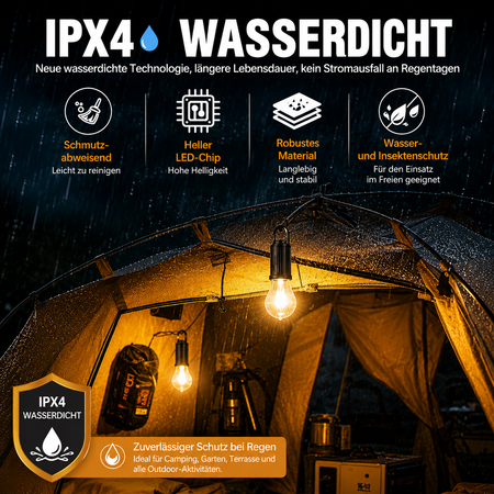 IPX4 wasserdichte Solar LED Hängelampe im Einsatz bei Regen – robuste Outdoor-Leuchte für Camping, Garten und Terrasse.