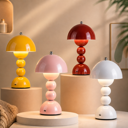 Kabellose LED-Tischlampe im Retro-Design in Weiß, Rot, Gelb und Rosa mit USB-C-Ladeanschluss und 3 Lichtfarben.

