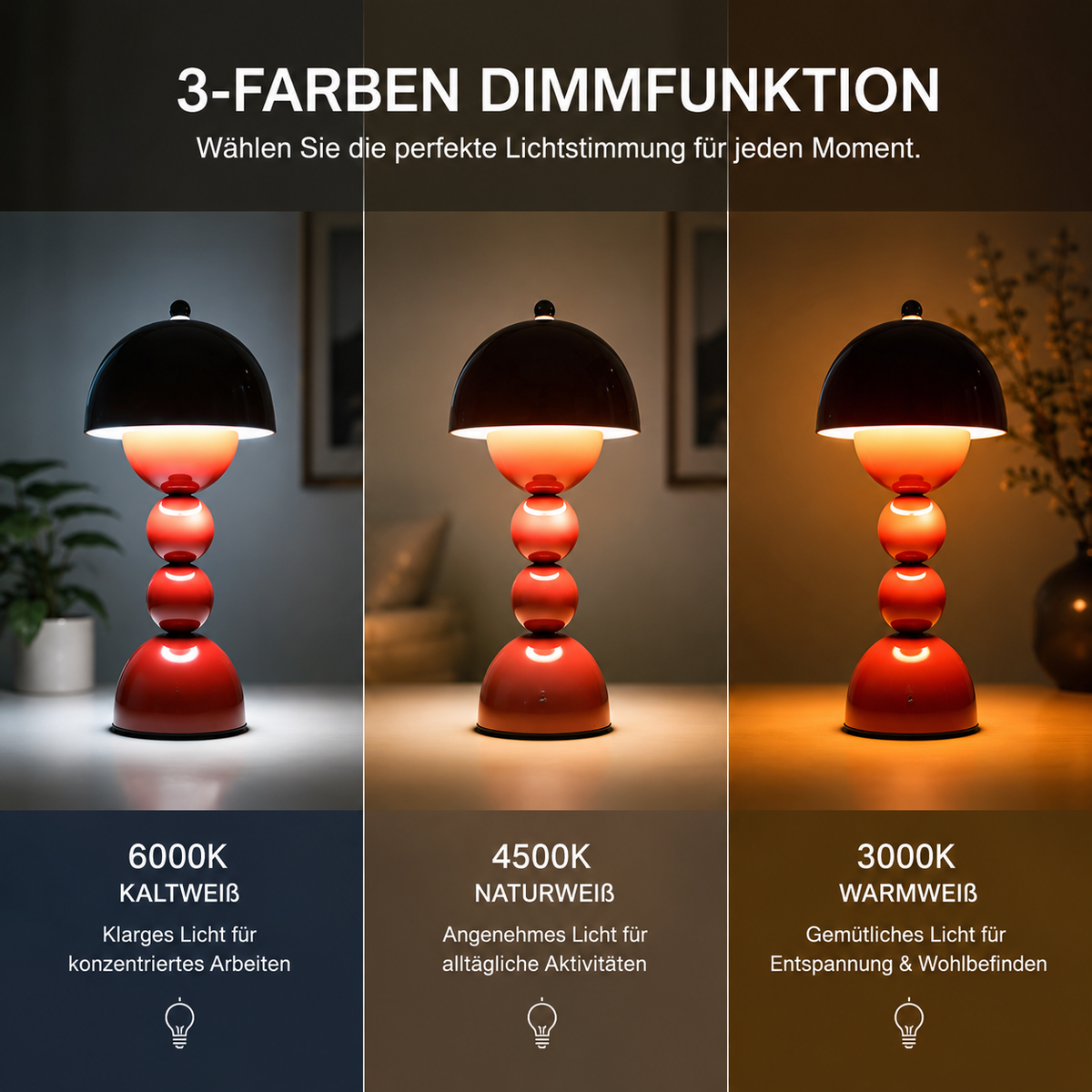 Kabellose LED-Tischlampe mit 3 umschaltbaren Lichtfarben: Kaltweiß, Neutralweiß und Warmweiß.
