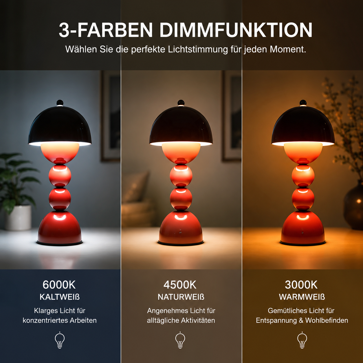 Kabellose LED-Tischlampe mit 3 umschaltbaren Lichtfarben: Kaltweiß, Neutralweiß und Warmweiß.
