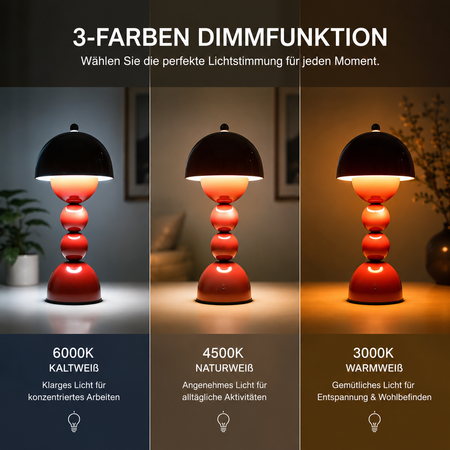 Kabellose LED-Tischlampe mit 3 umschaltbaren Lichtfarben: Kaltweiß, Neutralweiß und Warmweiß.

