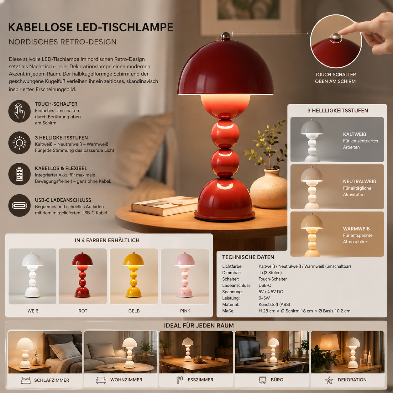 Kabellose LED-Tischlampe mit Touch-Schalter, 3 Helligkeitsstufen, USB-C-Anschluss und vier Farbvarianten im Überblick.
