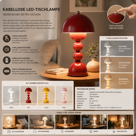 Kabellose LED-Tischlampe mit Touch-Schalter, 3 Helligkeitsstufen, USB-C-Anschluss und vier Farbvarianten im Überblick.
