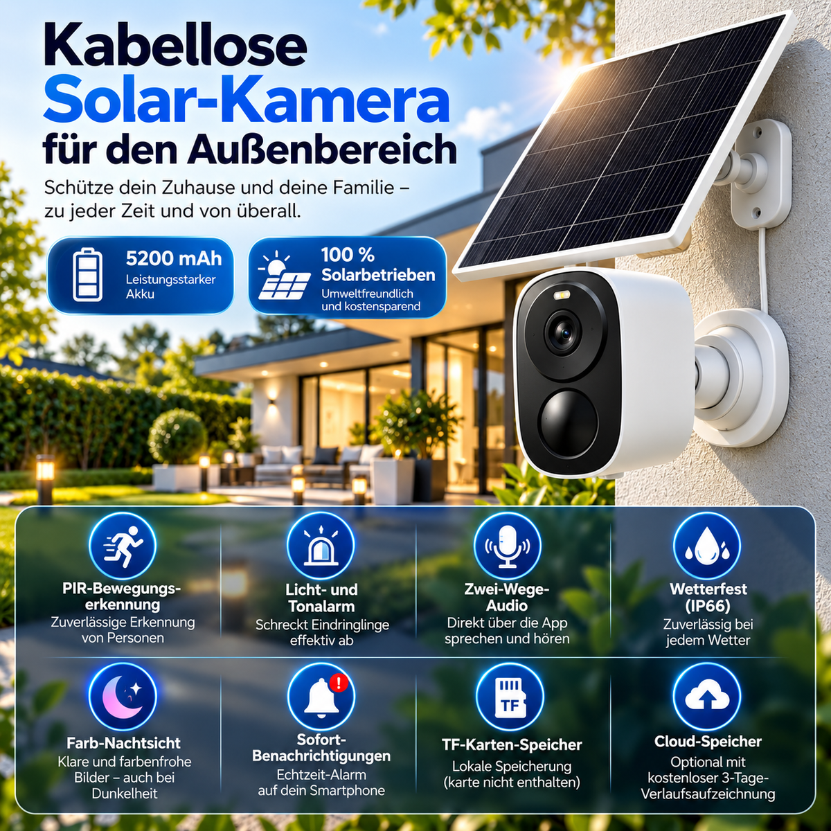 Kabellose Solar Überwachungskamera mit 5200 mAh Akku, PIR-Bewegungserkennung, Zwei-Wege-Audio und Farb-Nachtsicht