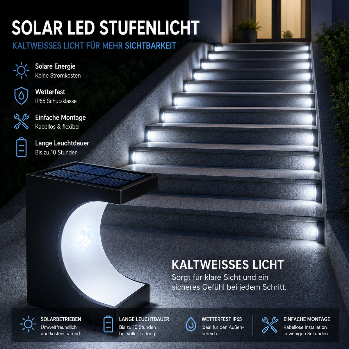 Kaltweißes Solar LED Stufenlicht an einer Außentreppe für helle, klare Ausleuchtung und optimale Sichtbarkeit bei Dunkelheit.
