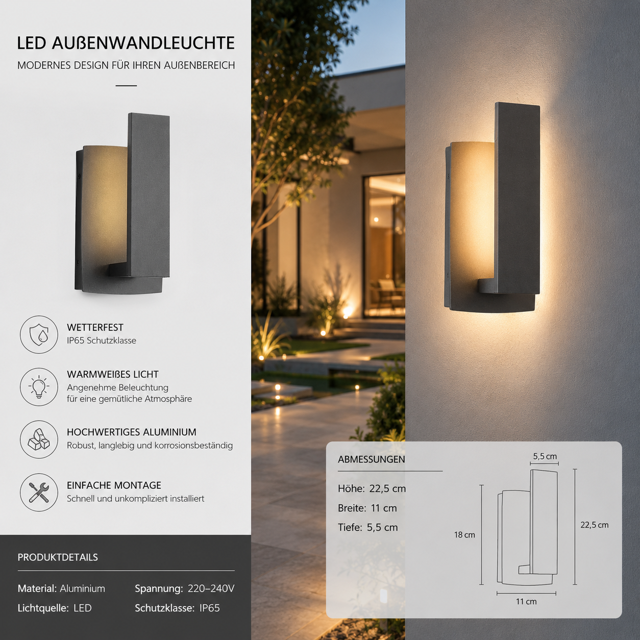 Kompakte LED-Außenwandleuchte 22,5 cm aus Aluminium mit warmweißem Licht, IP65-Schutz und technischen Abmessungen.
