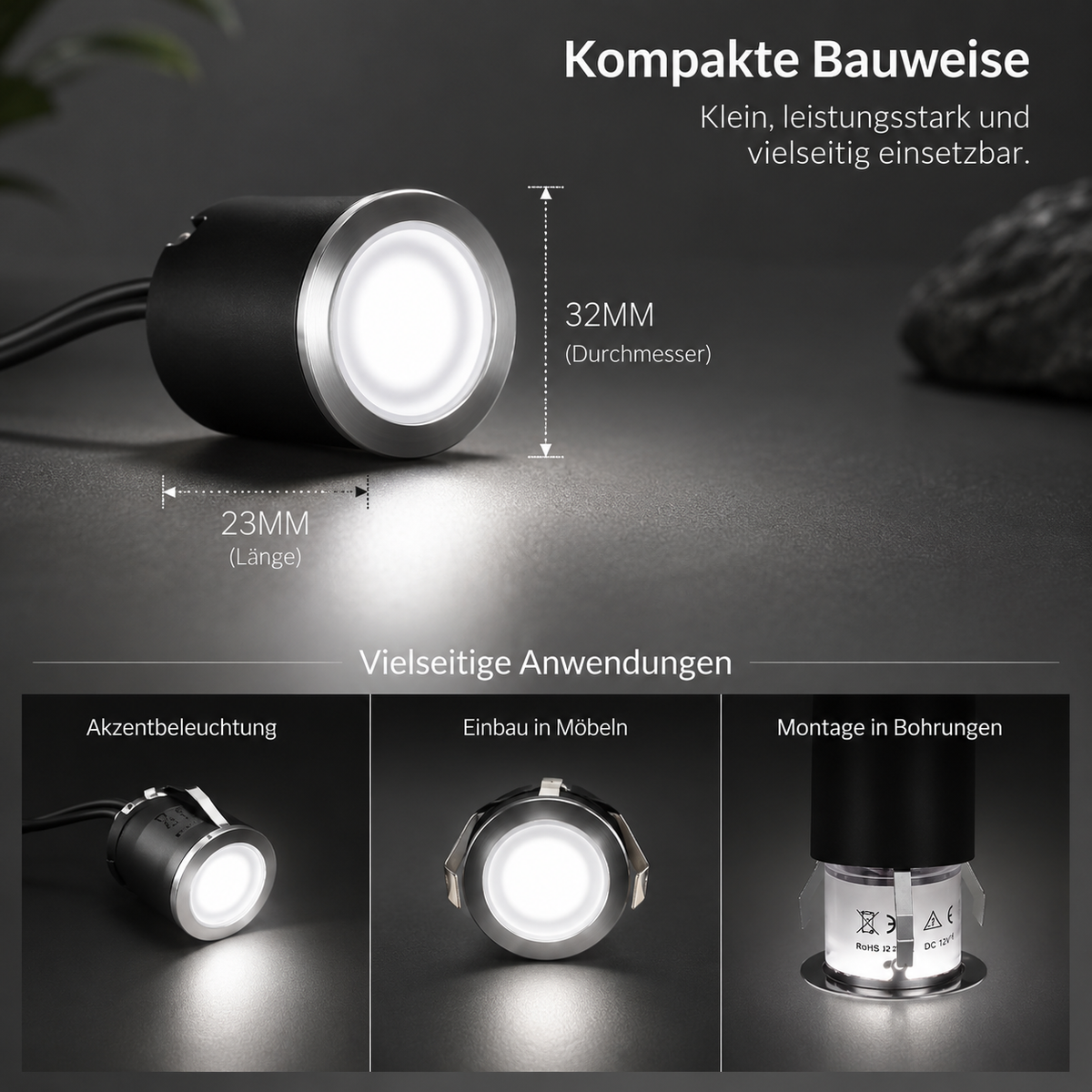 Kompakter Solar LED-Einbaustrahler 32 mm Durchmesser mit kaltweißem Licht für Wege, Einfahrten und moderne Außenbeleuchtung.
