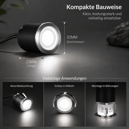Kompakter Solar LED-Einbaustrahler 32 mm Durchmesser mit kaltweißem Licht für Wege, Einfahrten und moderne Außenbeleuchtung.
