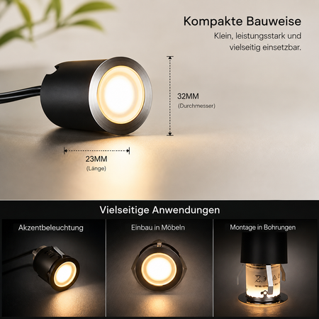 Kompakter Solar LED-Einbaustrahler 32 mm Durchmesser mit warmweißem Licht für Möbel, Terrassen und Akzentbeleuchtung.
