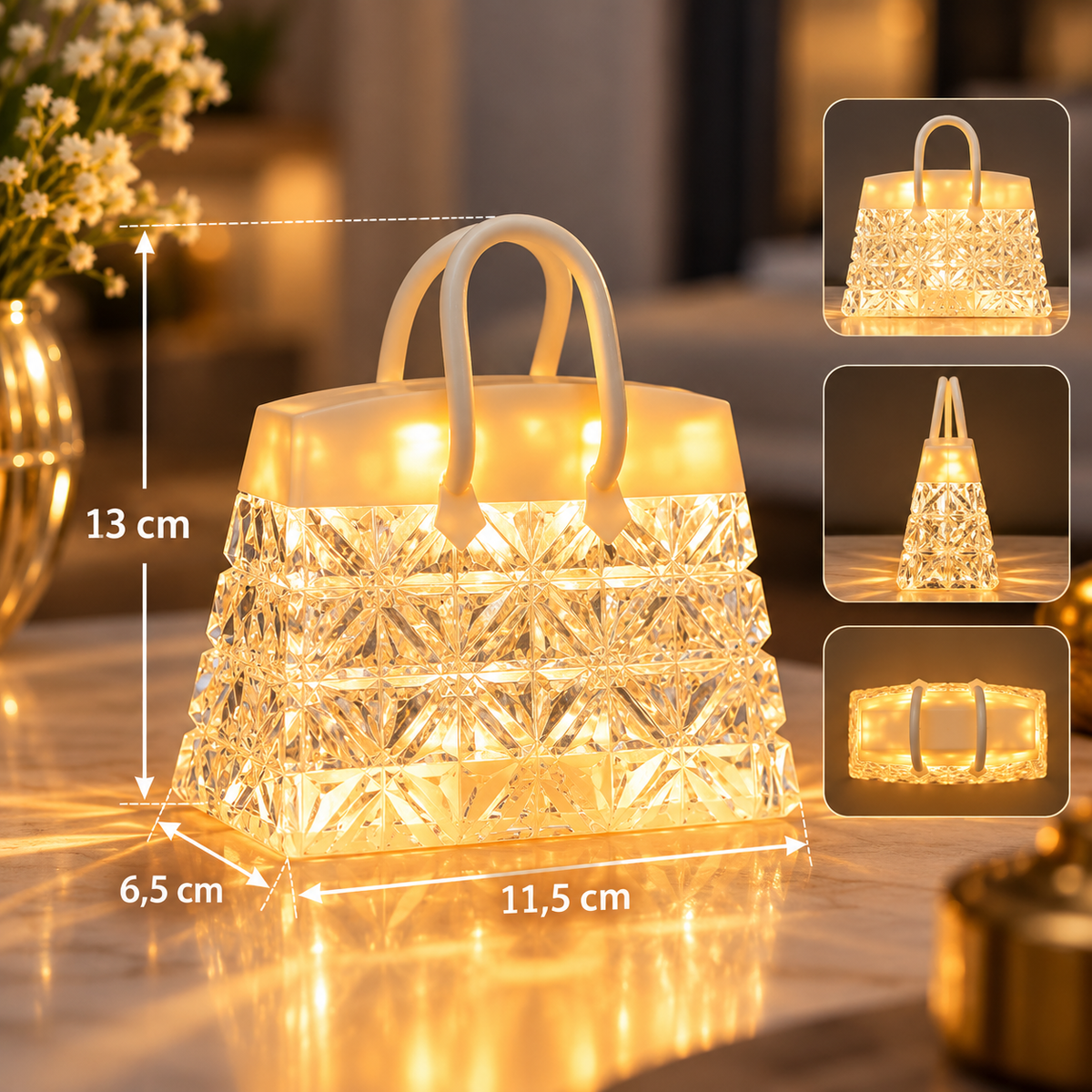 Nachtlampe in Handtaschen-Form mit Maßangaben 11,5 x 6,5 x 13 cm und Ansichten von vorne, seitlich und oben