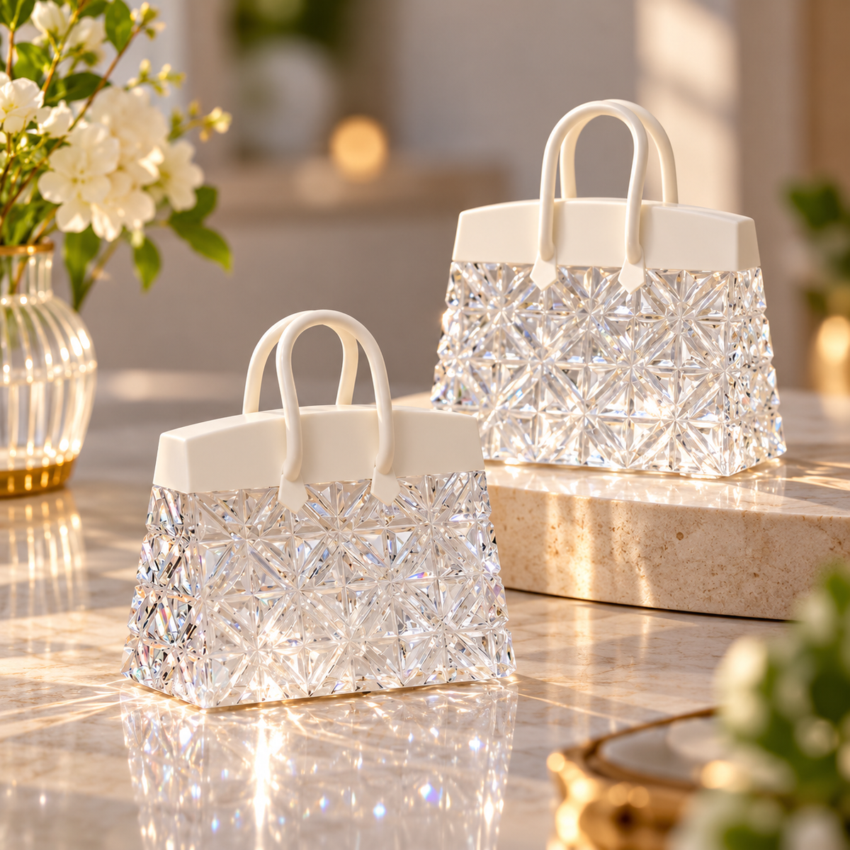 Zwei Nachtlampen in Handtaschen-Form mit facettierter Kristall-Optik und weißem Griff bei Tageslicht