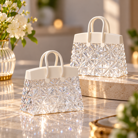 Zwei Nachtlampen in Handtaschen-Form mit facettierter Kristall-Optik und weißem Griff bei Tageslicht