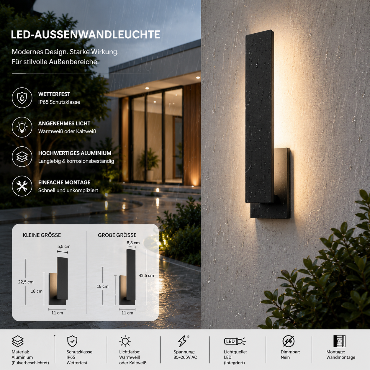 LED-Außenwandleuchte in zwei Größen mit IP65-Schutz, Aluminiumgehäuse sowie Maßangaben für die Wandmontage im Außenbereich.
