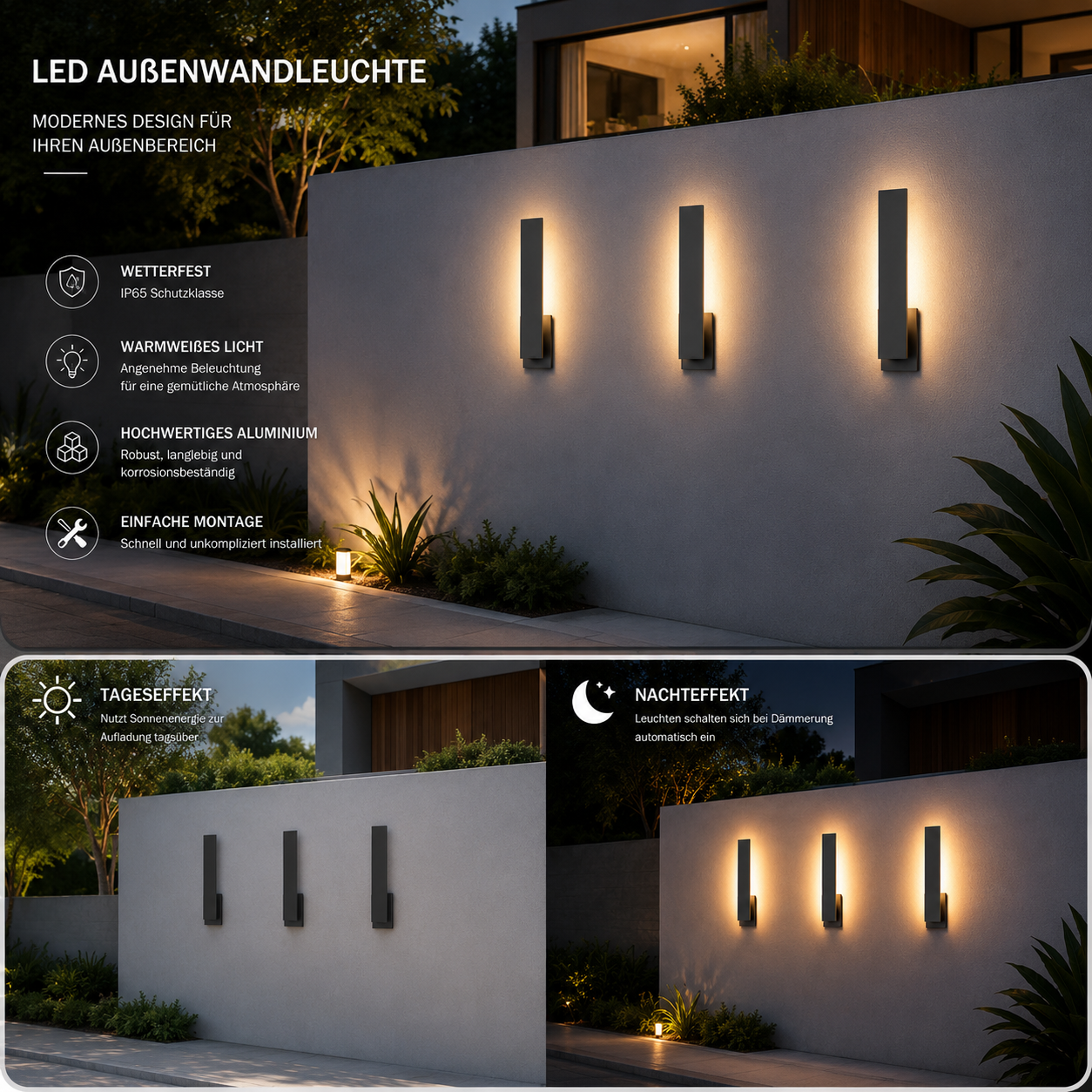 LED-Außenwandleuchte mit IP65-Schutz, warmweißem Licht, Aluminiumgehäuse sowie Tag- und Nachtansicht für moderne Fassadenbeleuchtung.
