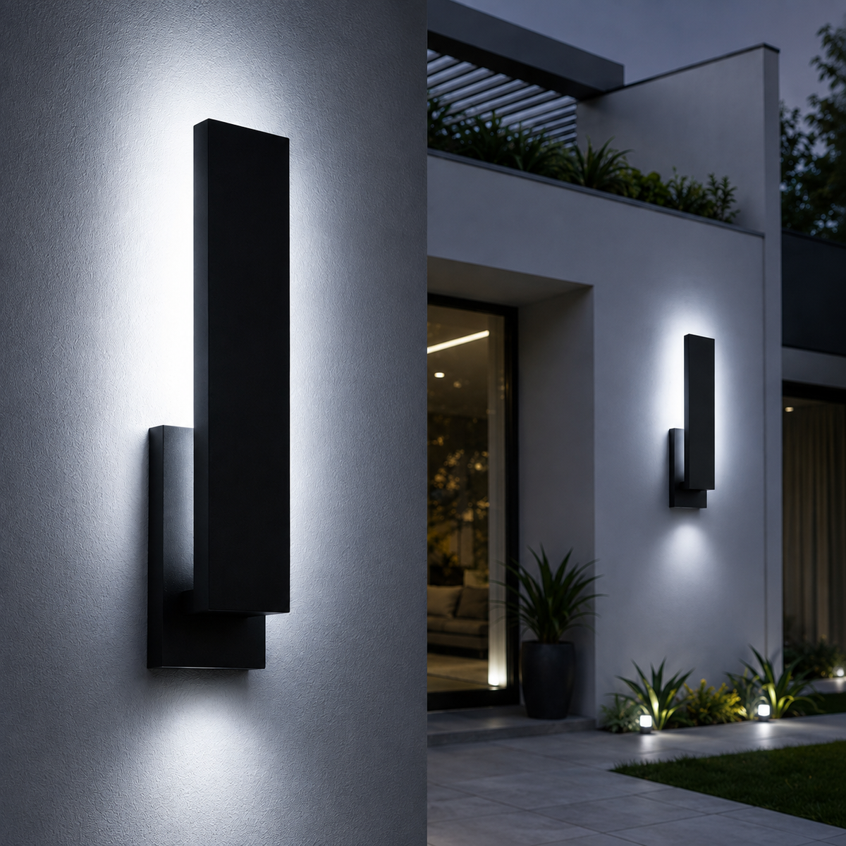 LED-Außenwandleuchte mit kaltweißem Licht an einer modernen Hausfassade für helle und elegante Außenbeleuchtung.
