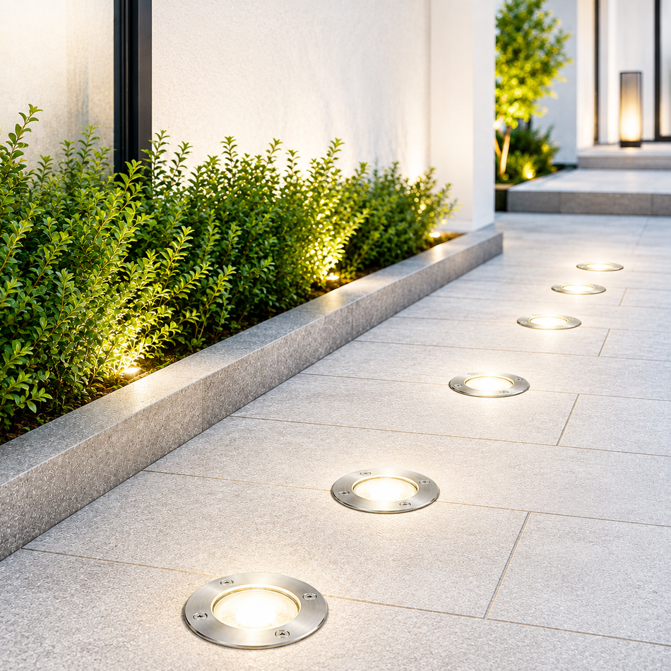 LED-Bodeneinbauleuchten beleuchten Gartenweg und Terrasse.
