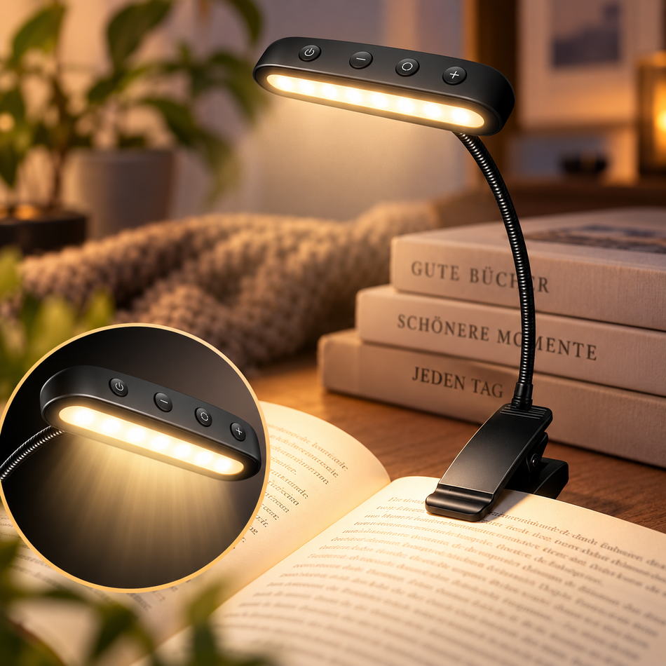 LED-Leselampe am Buch.
