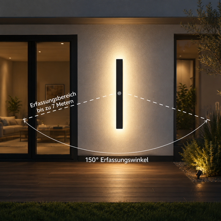 LED Außenwandleuchte mit 150° Bewegungsmelder und bis zu 7 Meter Sensorreichweite.
