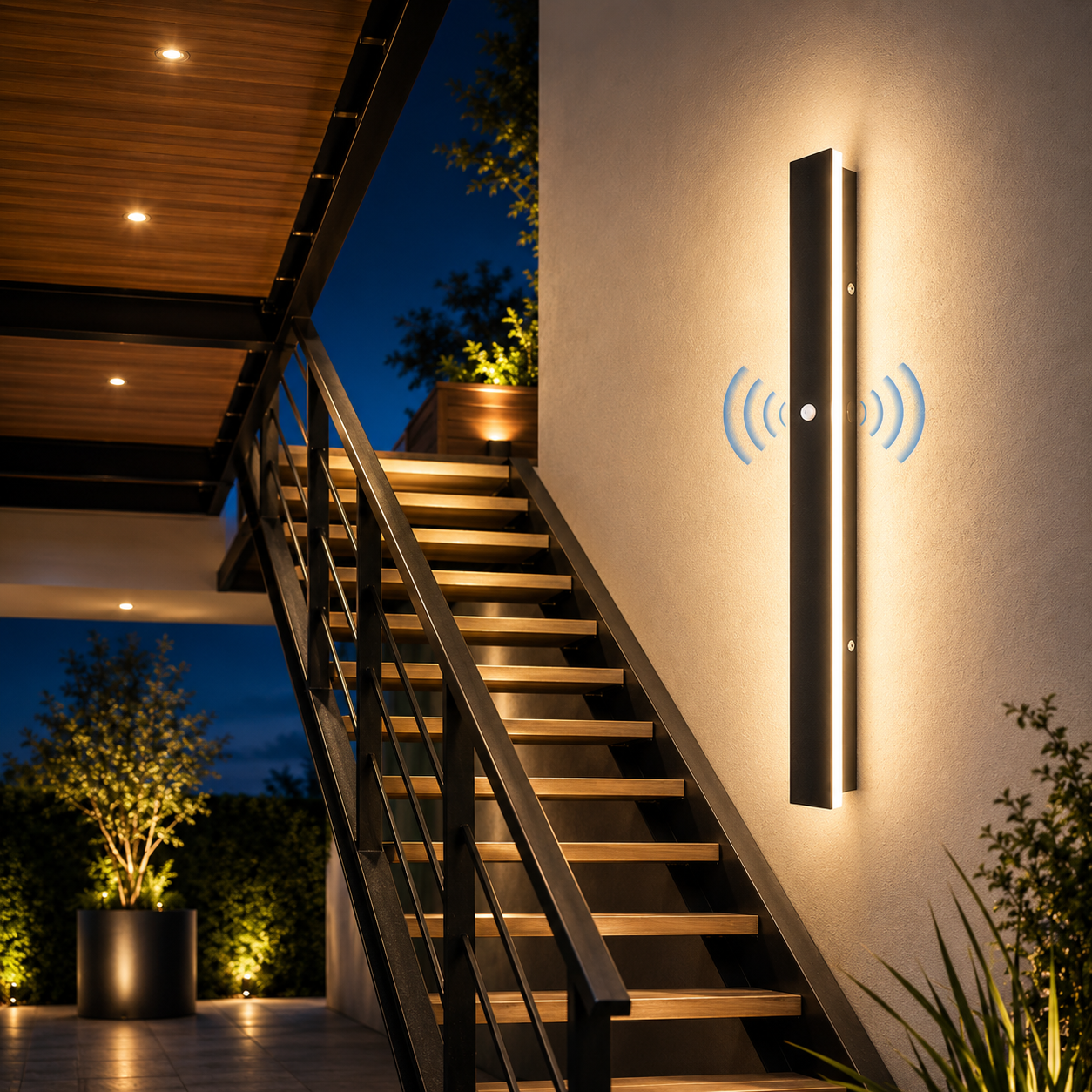 LED Außenwandleuchte mit Bewegungsmelder beleuchtet Außentreppe und Eingangsbereich.
