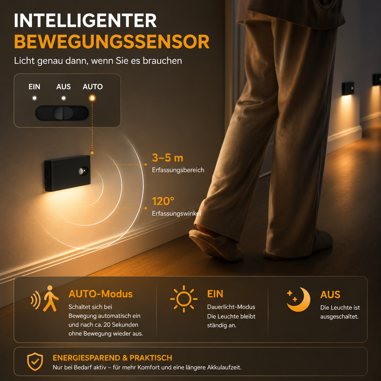 LED Nachtlicht mit Bewegungsmelder, Auto-Modus und 120° Erfassungswinkel
