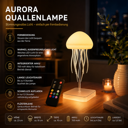LED Quallenlampe mit warmweißem Licht, Fernbedienung und wiederaufladbarem Akku als moderne Dekolampe.
