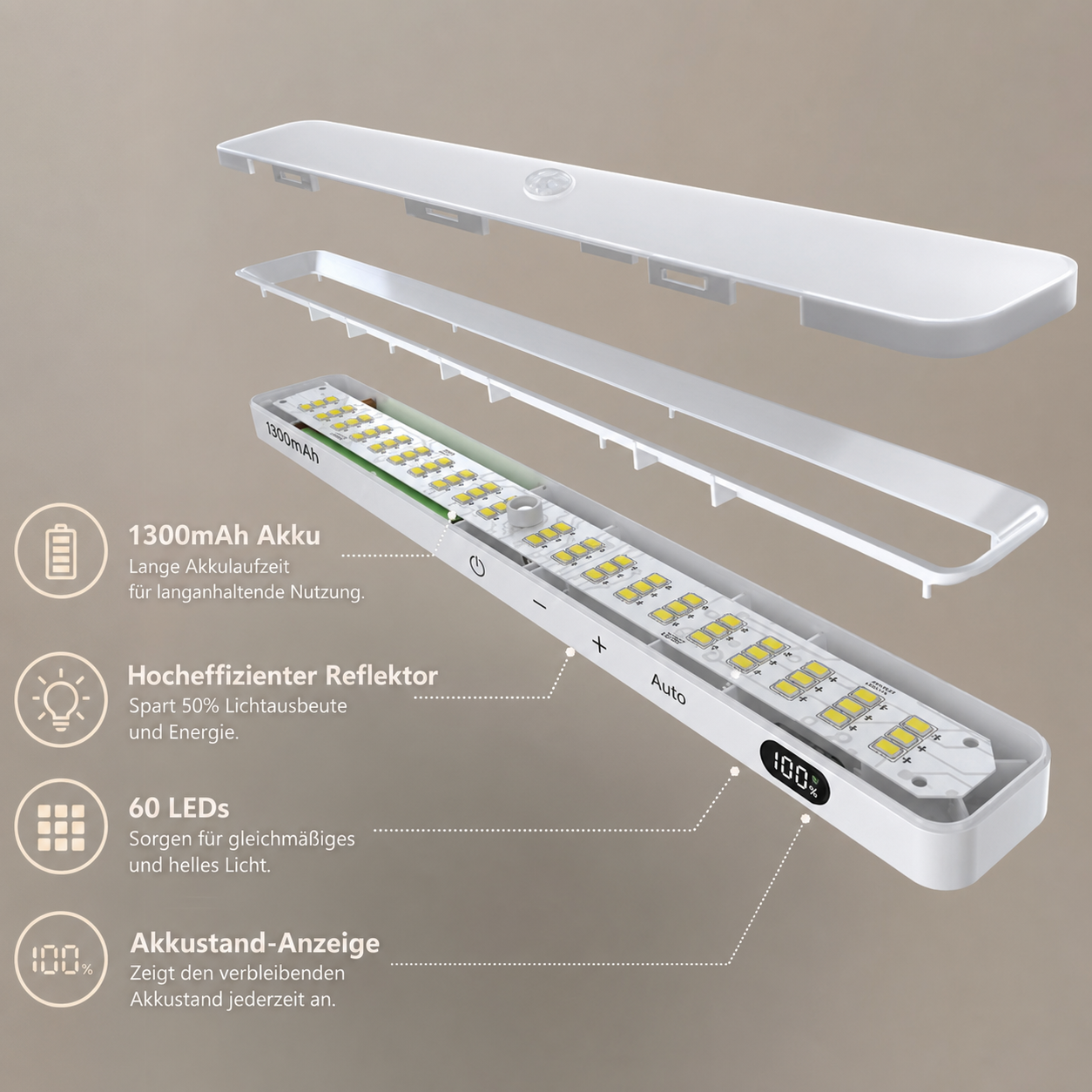LED Schrankleuchte mit 1300 mAh Akku, 60 LEDs und Akkustand-Anzeige
