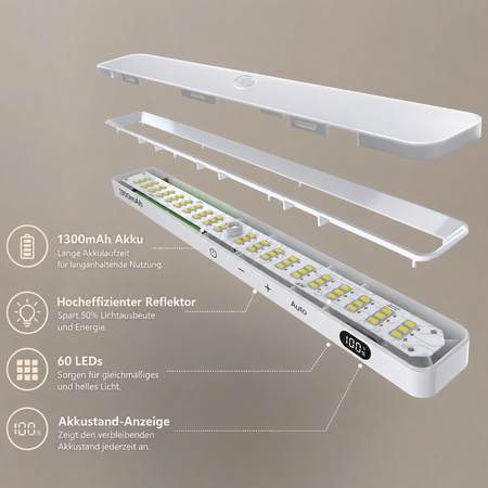 LED Schrankleuchte mit 1300 mAh Akku, 60 LEDs und Akkustand-Anzeige
