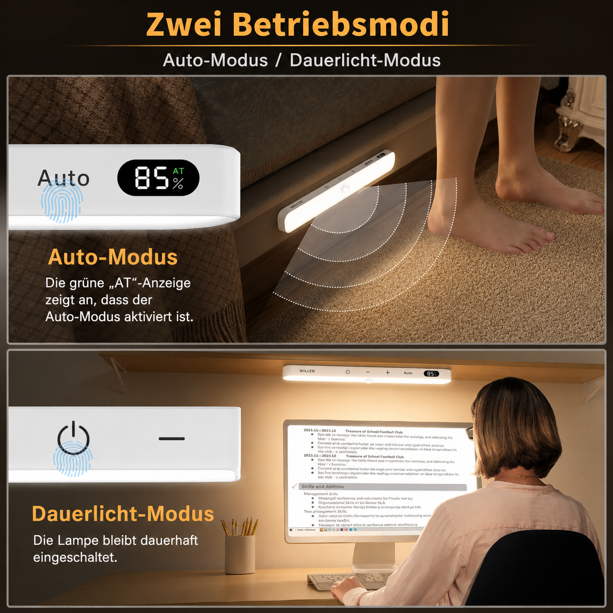 LED Schrankleuchte mit Auto-Modus und Dauerlicht-Modus
