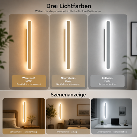 LED Wandleuchte mit Warmweiß 3000K, Neutralweiß 4000K und Kaltweiß 6500K.
