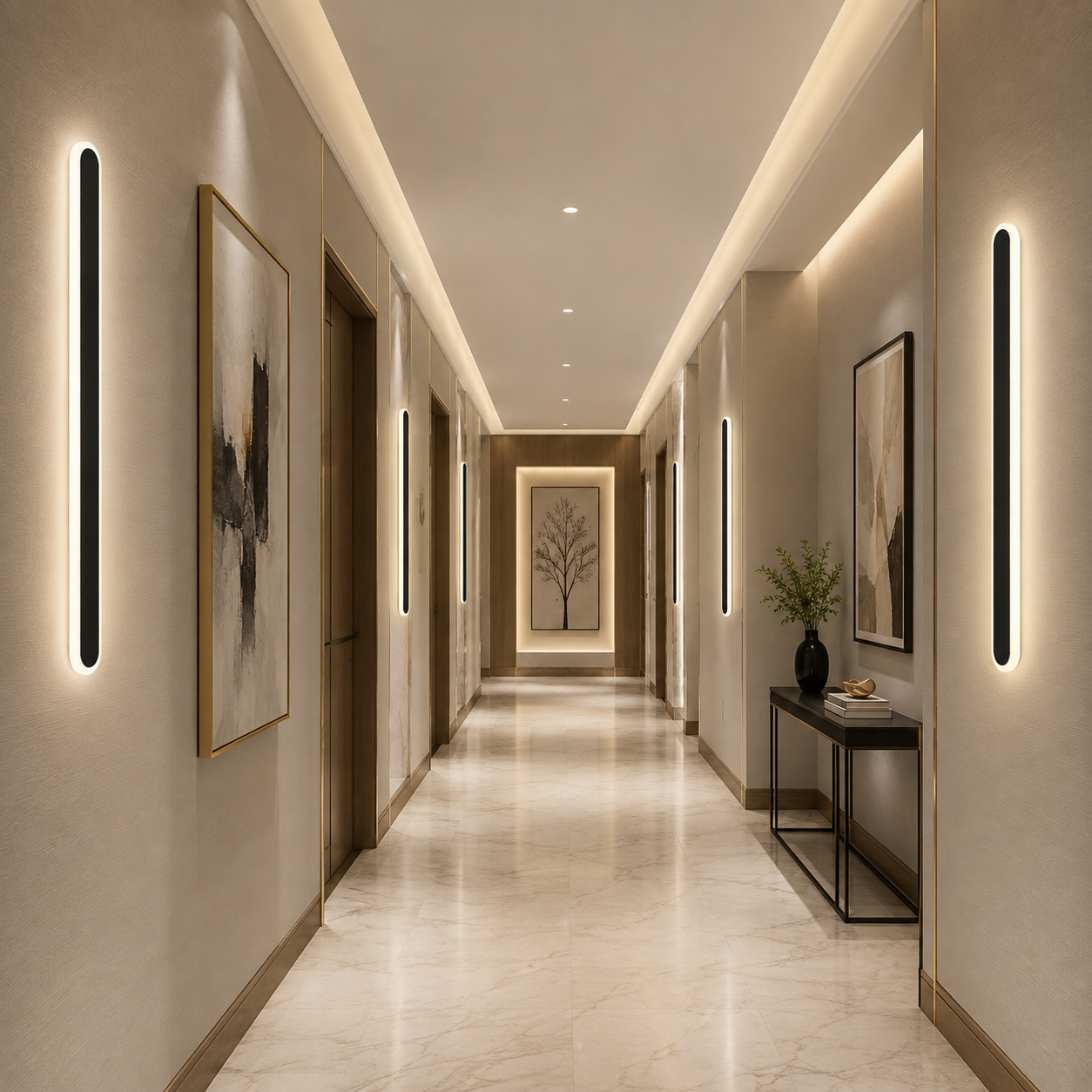 LED Wandleuchten sorgen für stilvolle Beleuchtung in einem modernen Hotelflur oder Wohnungsflur.
