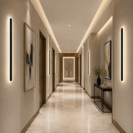 LED Wandleuchten sorgen für stilvolle Beleuchtung in einem modernen Hotelflur oder Wohnungsflur.
