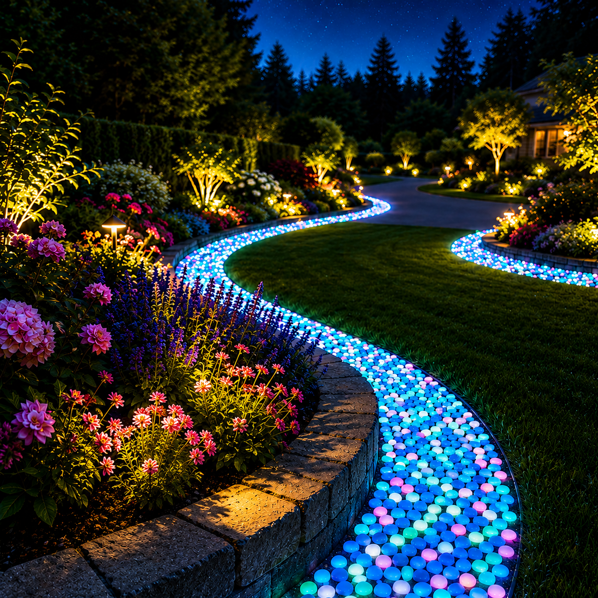 Leuchtende Solar-Dekosteine beleuchten einen geschwungenen Gartenweg bei Nacht und sorgen für eine stimmungsvolle Gartenbeleuchtung.