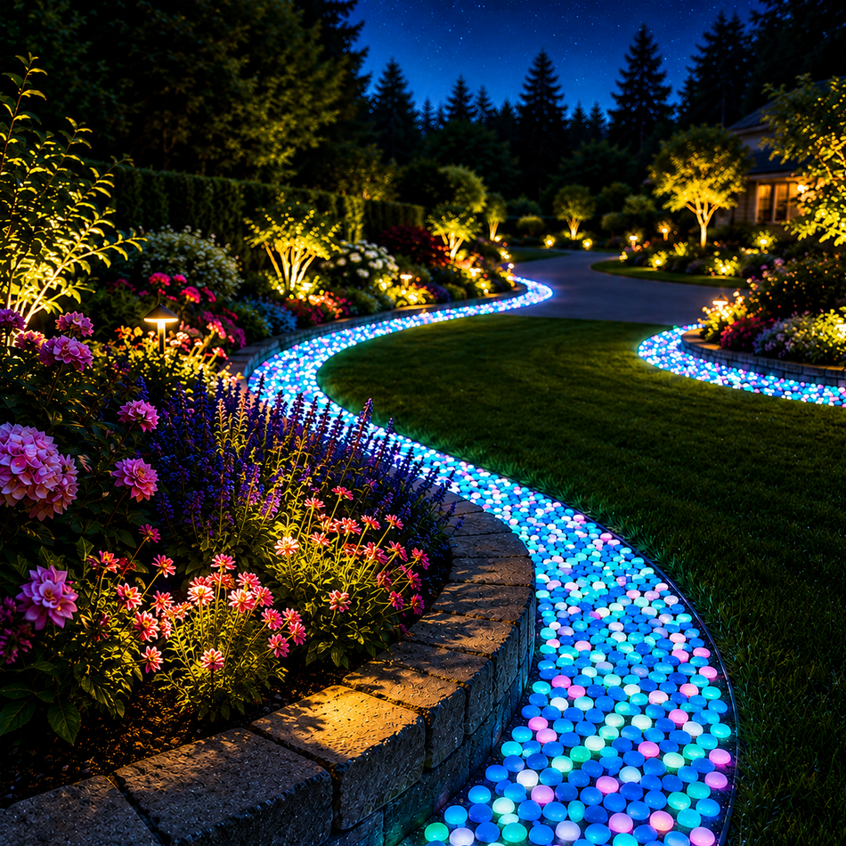 Leuchtende Solar-Dekosteine beleuchten einen geschwungenen Gartenweg bei Nacht und sorgen für eine stimmungsvolle Gartenbeleuchtung.
