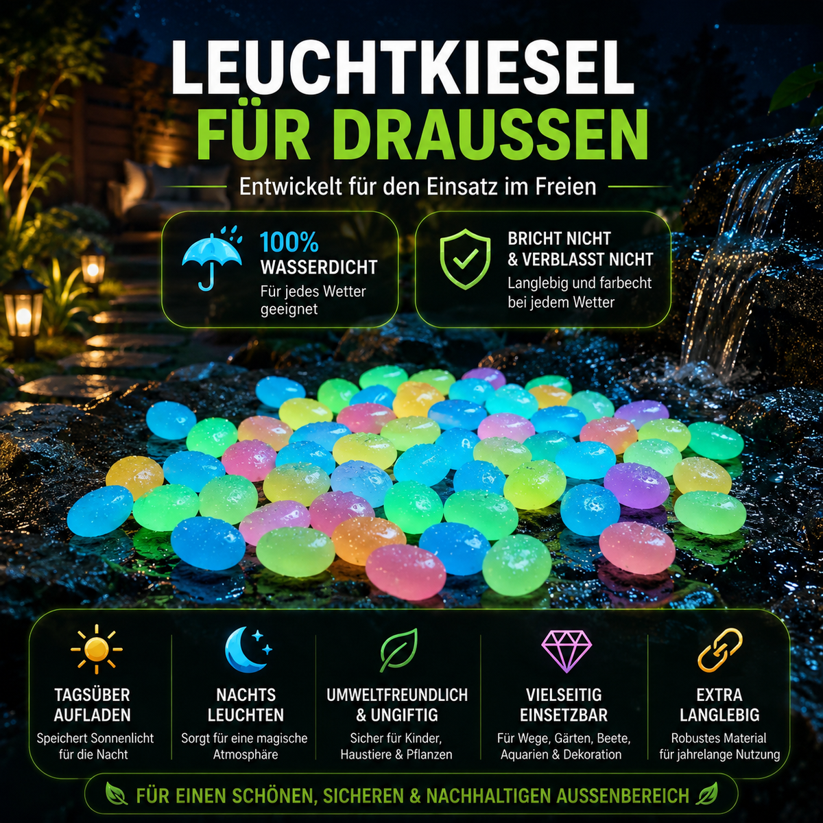 Leuchtkiesel für den Außenbereich sind wasserdicht, langlebig, umweltfreundlich und ideal für Gartenwege, Beete und Dekoration.