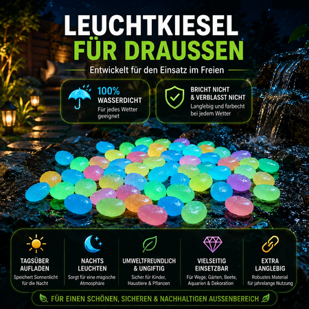 Leuchtkiesel für den Außenbereich sind wasserdicht, langlebig, umweltfreundlich und ideal für Gartenwege, Beete und Dekoration.
