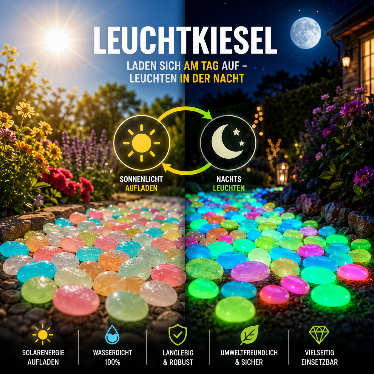 Leuchtkiesel laden sich tagsüber durch Sonnenlicht auf und leuchten automatisch bei Dunkelheit – solarbetriebene Dekosteine für Garten und Wege.