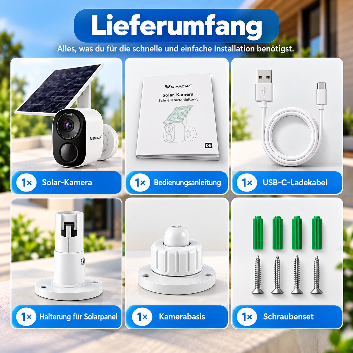 Lieferumfang der Solar Überwachungskamera: Kamera mit Solarpanel, Anleitung, USB-C-Kabel, Halterungen und Schraubenset