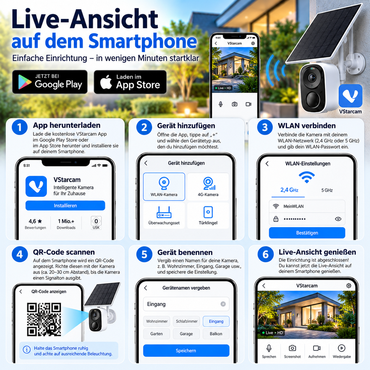 Einrichtung der Solar Überwachungskamera mit der Vstarcam-App und Live-Ansicht auf dem Smartphone