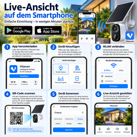 Einrichtung der Solar Überwachungskamera mit der Vstarcam-App und Live-Ansicht auf dem Smartphone
