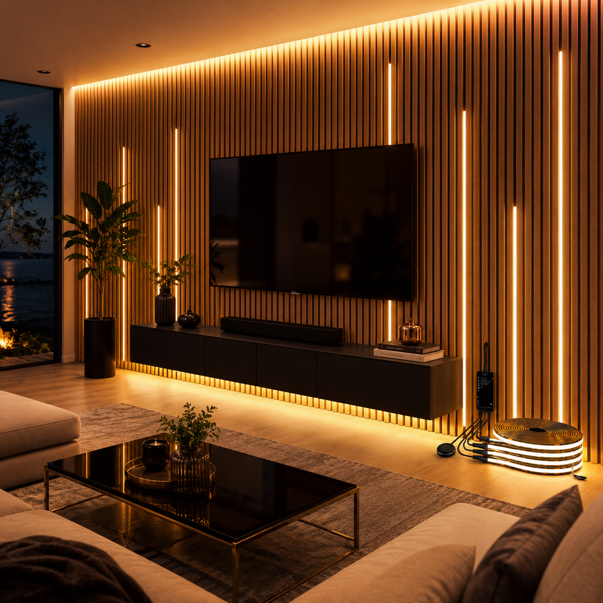 Luxuriöses Wohnzimmer mit Akustikpaneelen und indirekter LED-Beleuchtung durch 10 COB LED Lichtstreifen in Warmweiß
